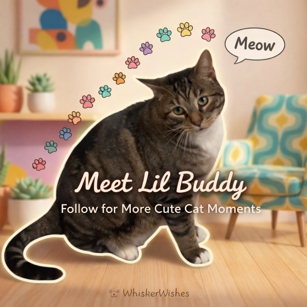 Meet Lil Buddy: WhiskerWishes’ tabby cat, surrounded by colorful paw prints