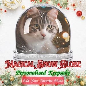 WhiskerWishesUSA photo snow globe featuring a cat, styled with holiday decorations